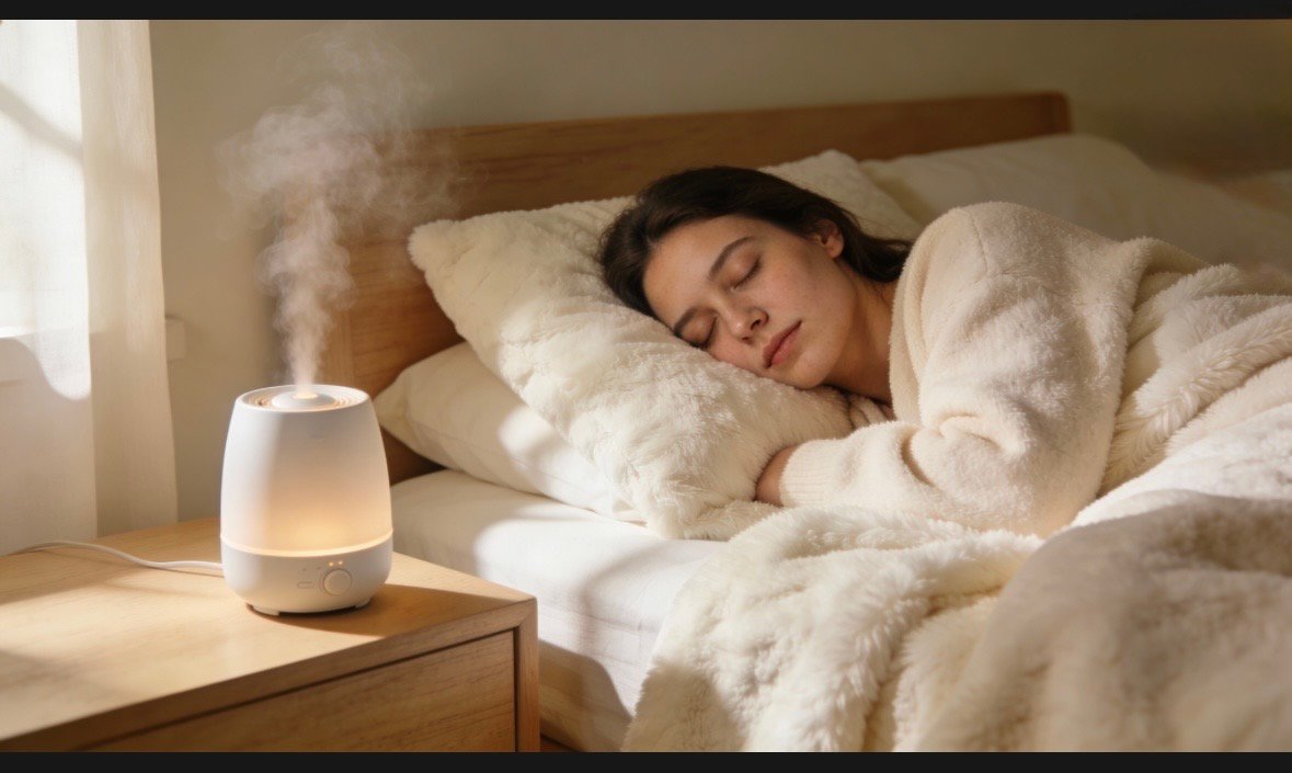 Cozy bedroom with a humidifier.